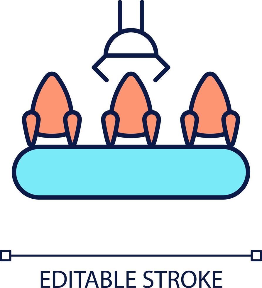 Assembly line with spacecrafts RGB color icon. Mass production. Rocket manufacturing. Develop technologies. Isolated vector illustration. Simple filled line drawing. Editable stroke