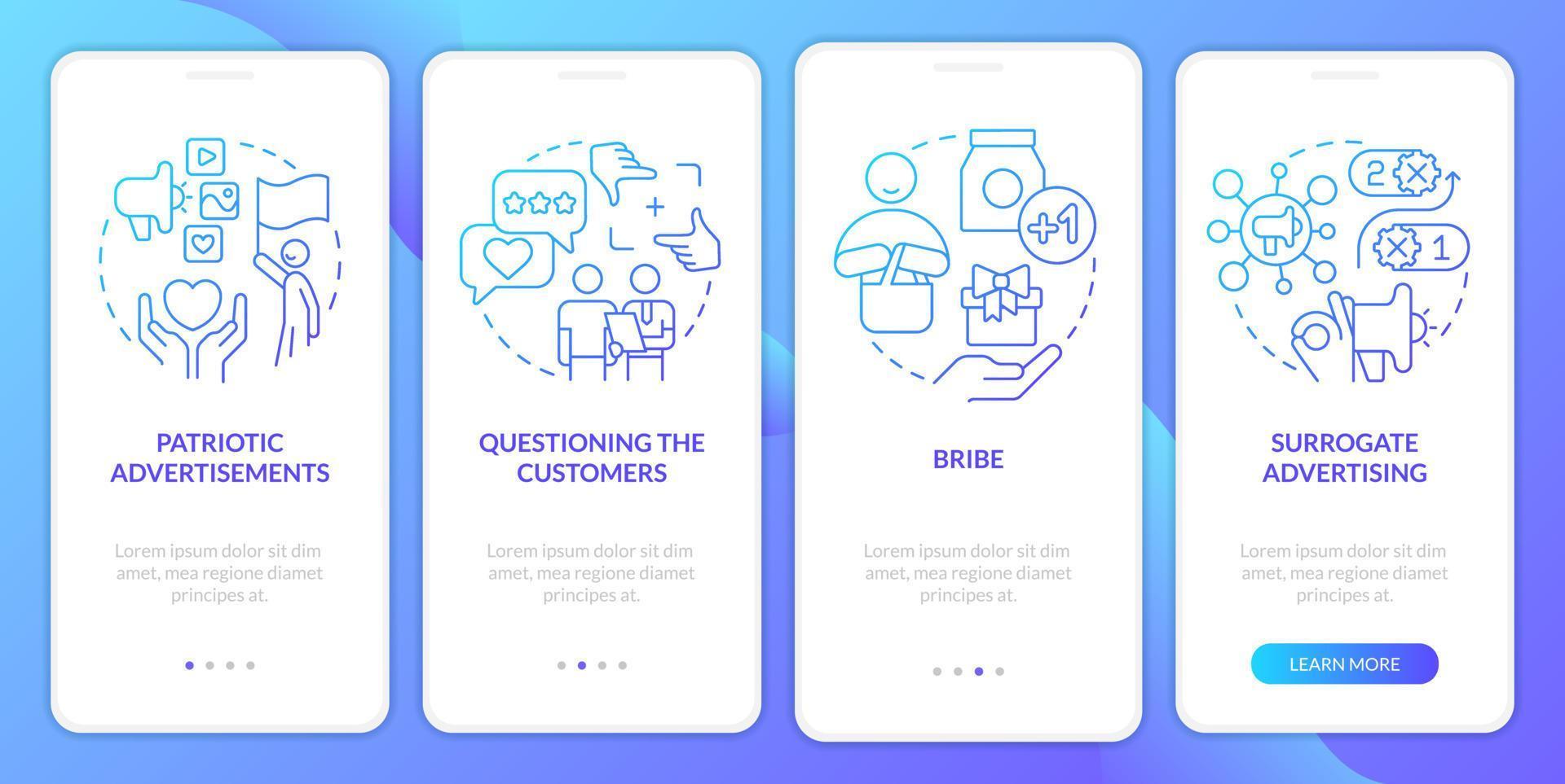 Trendy marketing approaches blue gradient onboarding mobile app screen. Walkthrough 4 steps graphic instructions with linear concepts. UI, UX, GUI template vector