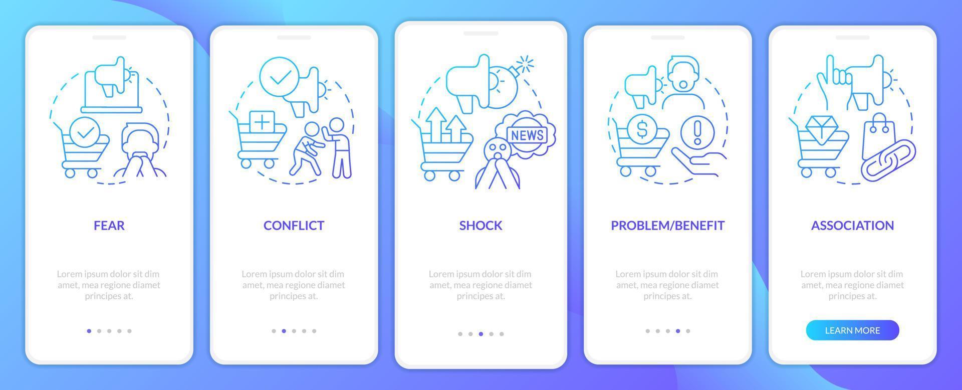 Emotional triggers blue gradient onboarding mobile app screen. Marketing walkthrough 5 steps graphic instructions with linear concepts. UI, UX, GUI template vector