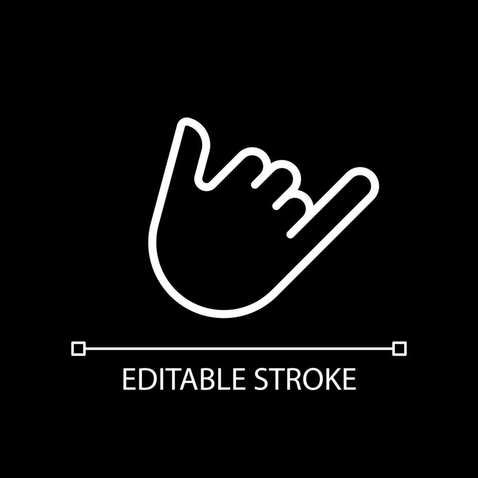 Shaka sign pixel perfect white linear icon for dark theme. Call me. Greeting gesture. Non verbal communication. Thin line illustration. Isolated symbol for night mode. Editable stroke vector