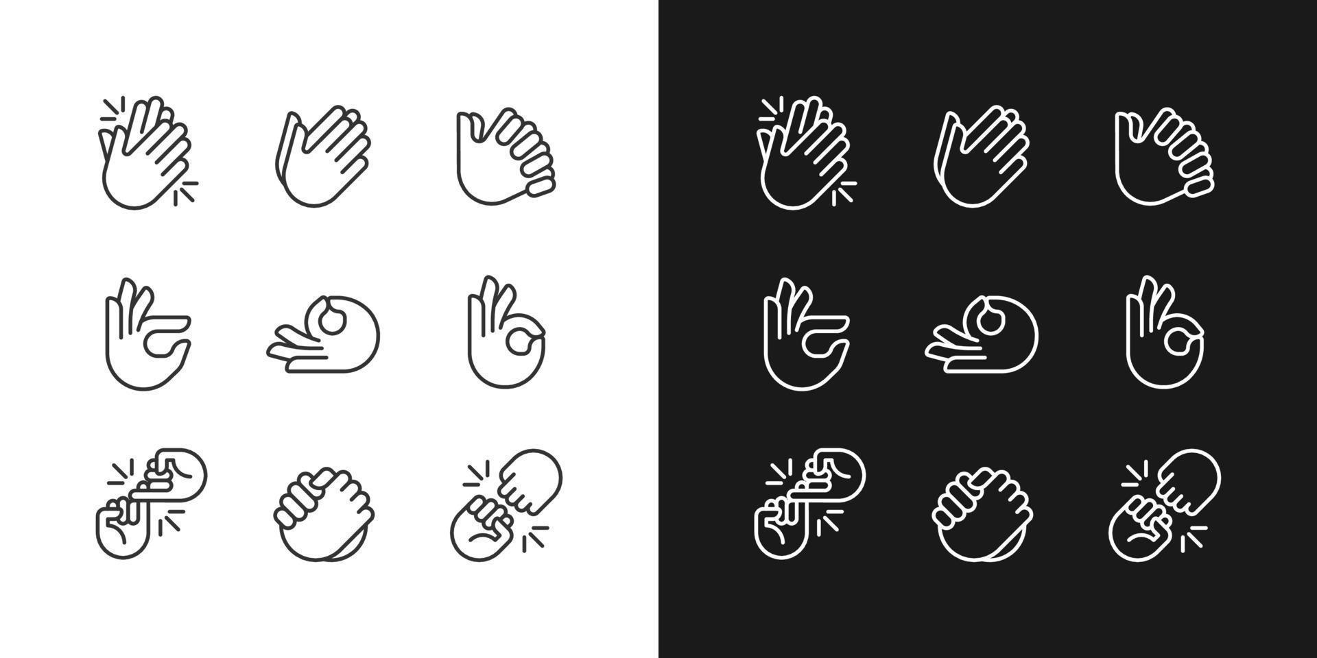 Gestures and communication pixel perfect white linear icon for dark themes set for dark, light mode. Non verbal signals. Thin line symbols for night, day theme. Isolated illustrations. Editable stroke vector
