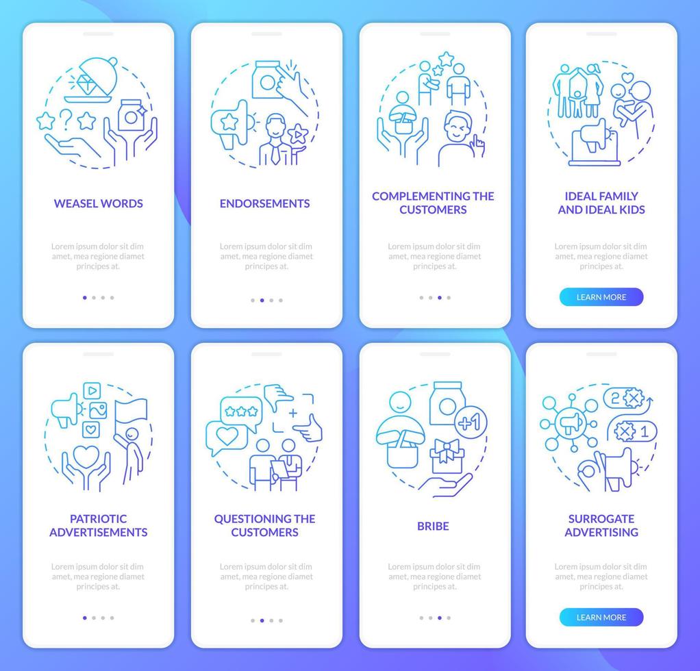 Digital advertising strategies blue gradient onboarding mobile app screen set. Walkthrough 5 steps graphic instructions with linear concepts. UI, UX, GUI template vector