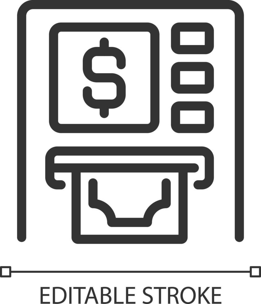 ATM pixel perfect linear icon. Automated teller machine. Withdrawing cash. Financial transactions. Thin line illustration. Contour symbol. Vector outline drawing. Editable stroke