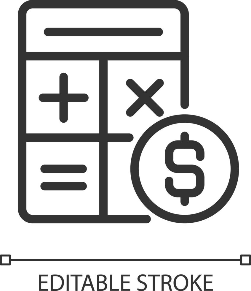 Counting money pixel perfect linear icon. Financial accounting. Cash control. Income statement. Thin line illustration. Contour symbol. Vector outline drawing. Editable stroke