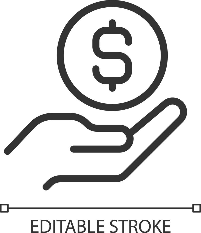 Coin in hand pixel perfect linear icon. Giving money. Financial contribution. Lending cash. Thin line illustration. Contour symbol. Vector outline drawing. Editable stroke