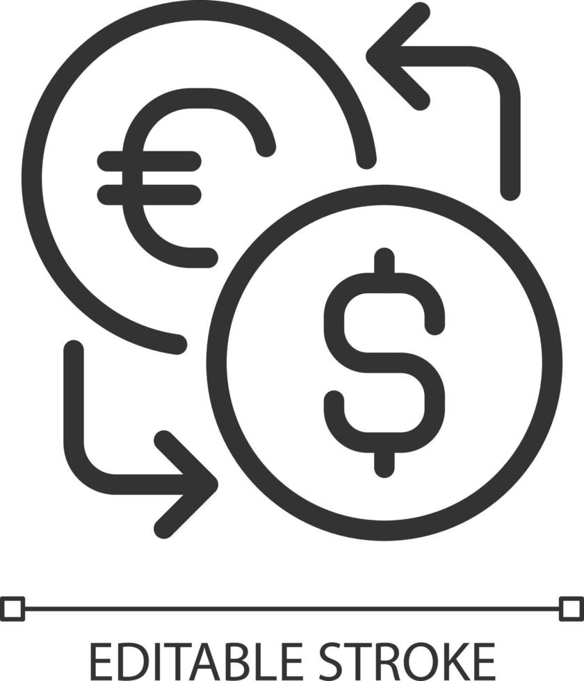 Currency exchange pixel perfect linear icon. Foreign cash. Currency converter. Global trade market. Thin line illustration. Contour symbol. Vector outline drawing. Editable stroke