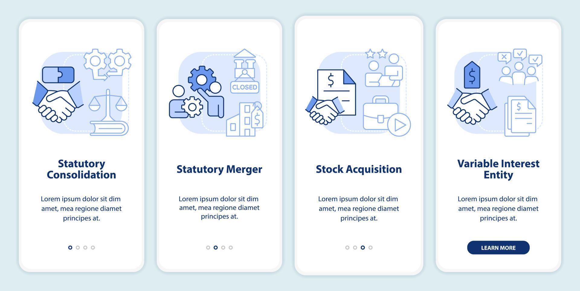 Business consolidation light blue onboarding mobile app screen. Walkthrough 4 steps editable graphic instructions with linear concepts. UI, UX, GUI template vector