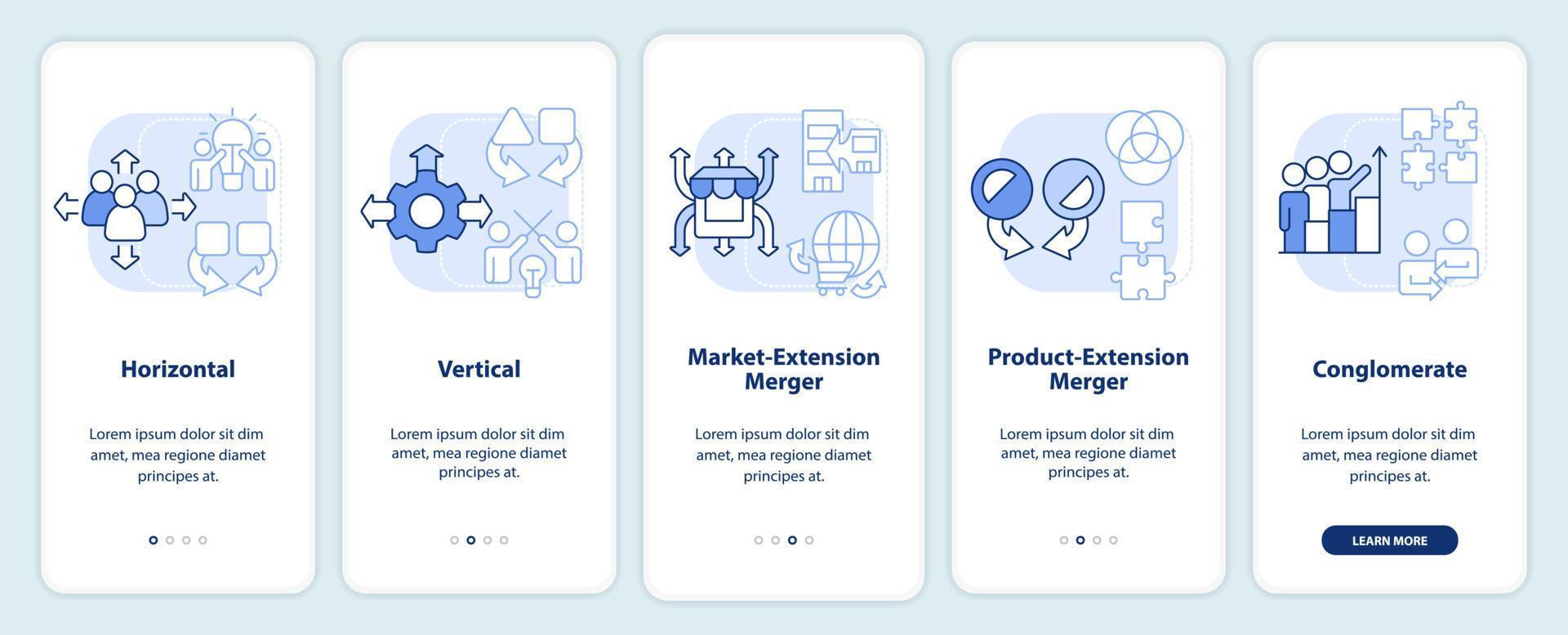 Types of mergers light blue onboarding mobile app screen. Business walkthrough 5 steps editable graphic instructions with linear concepts. UI, UX, GUI template vector