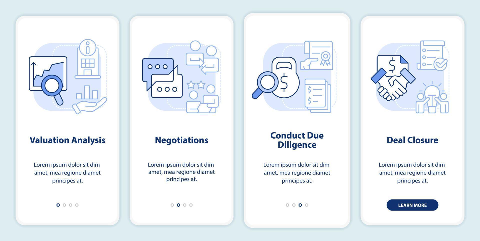 Stages of merger light blue onboarding mobile app screen. Business walkthrough 4 steps editable graphic instructions with linear concepts. UI, UX, GUI template vector
