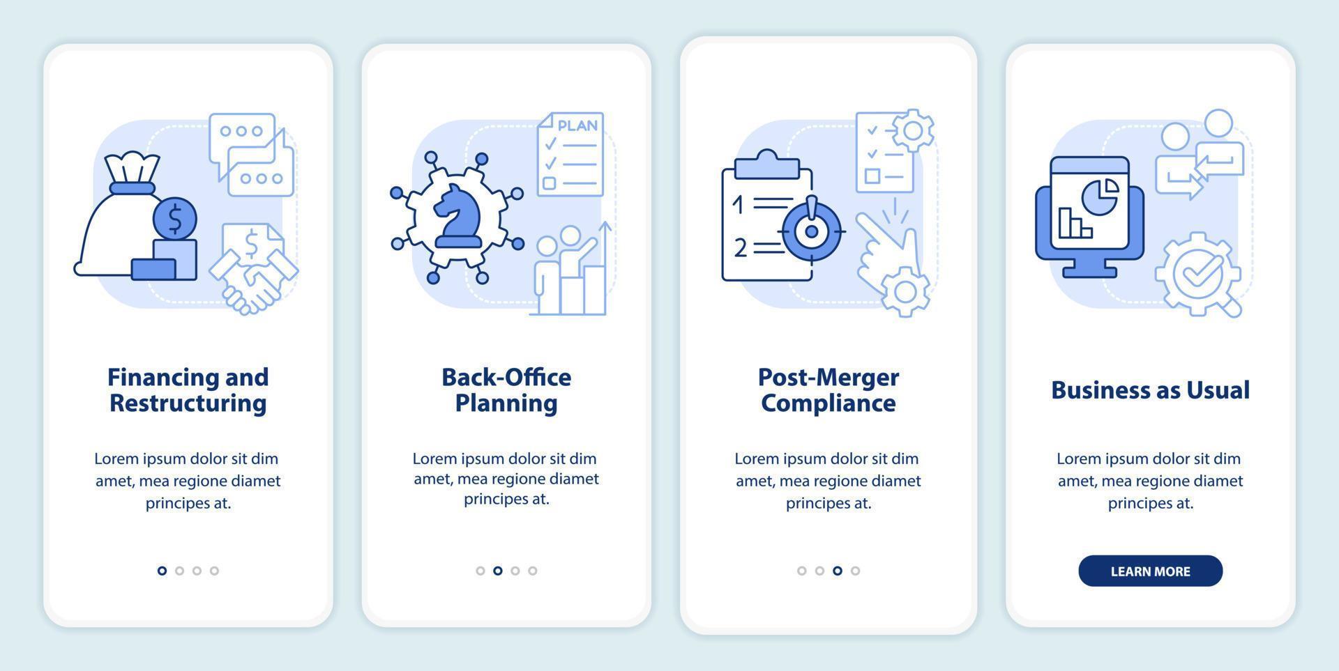 Business merger stages light blue onboarding mobile app screen. Walkthrough 4 steps editable graphic instructions with linear concepts. UI, UX, GUI template vector
