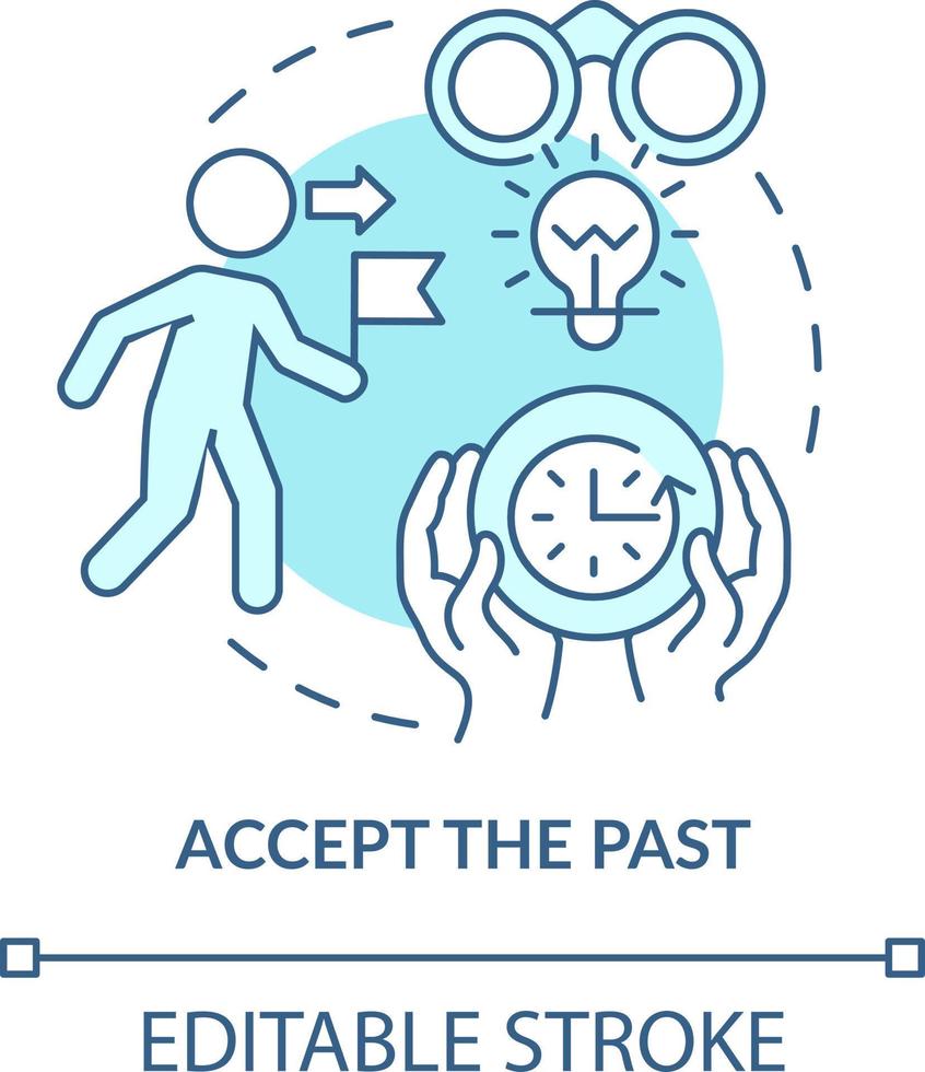 Accept past turquoise concept icon. Cope with problems. Dealing with change abstract idea thin line illustration. Isolated outline drawing. Editable stroke vector