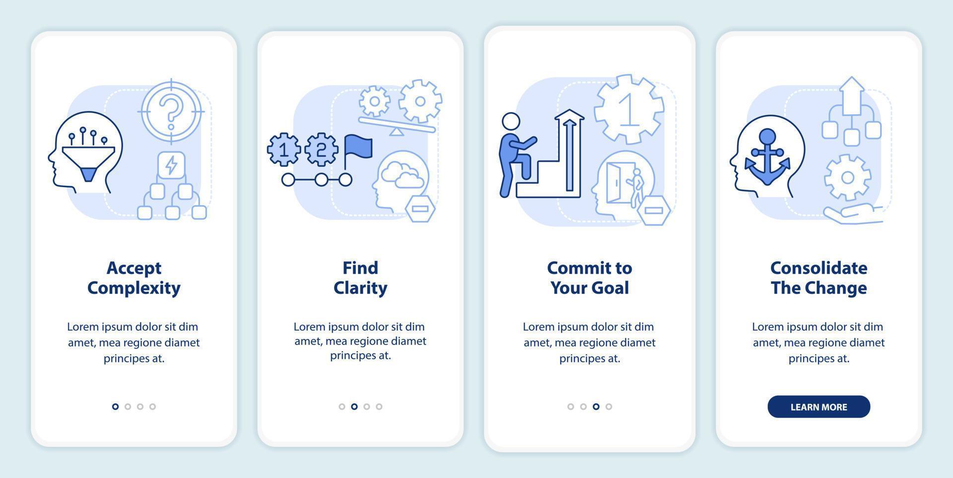Adaptation to complex change light blue onboarding mobile app screen. Walkthrough 4 steps editable graphic instructions with linear concepts. UI, UX, GUI template vector