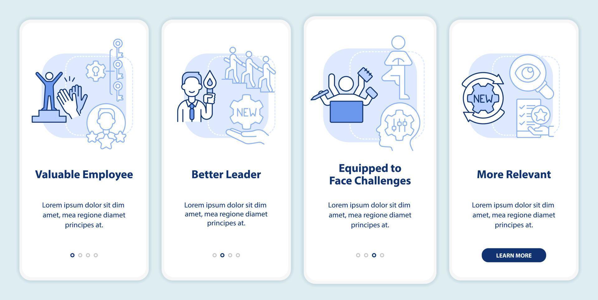 Workplace adaptability light blue onboarding mobile app screen. Walkthrough 4 steps editable graphic instructions with linear concepts. UI, UX, GUI template vector