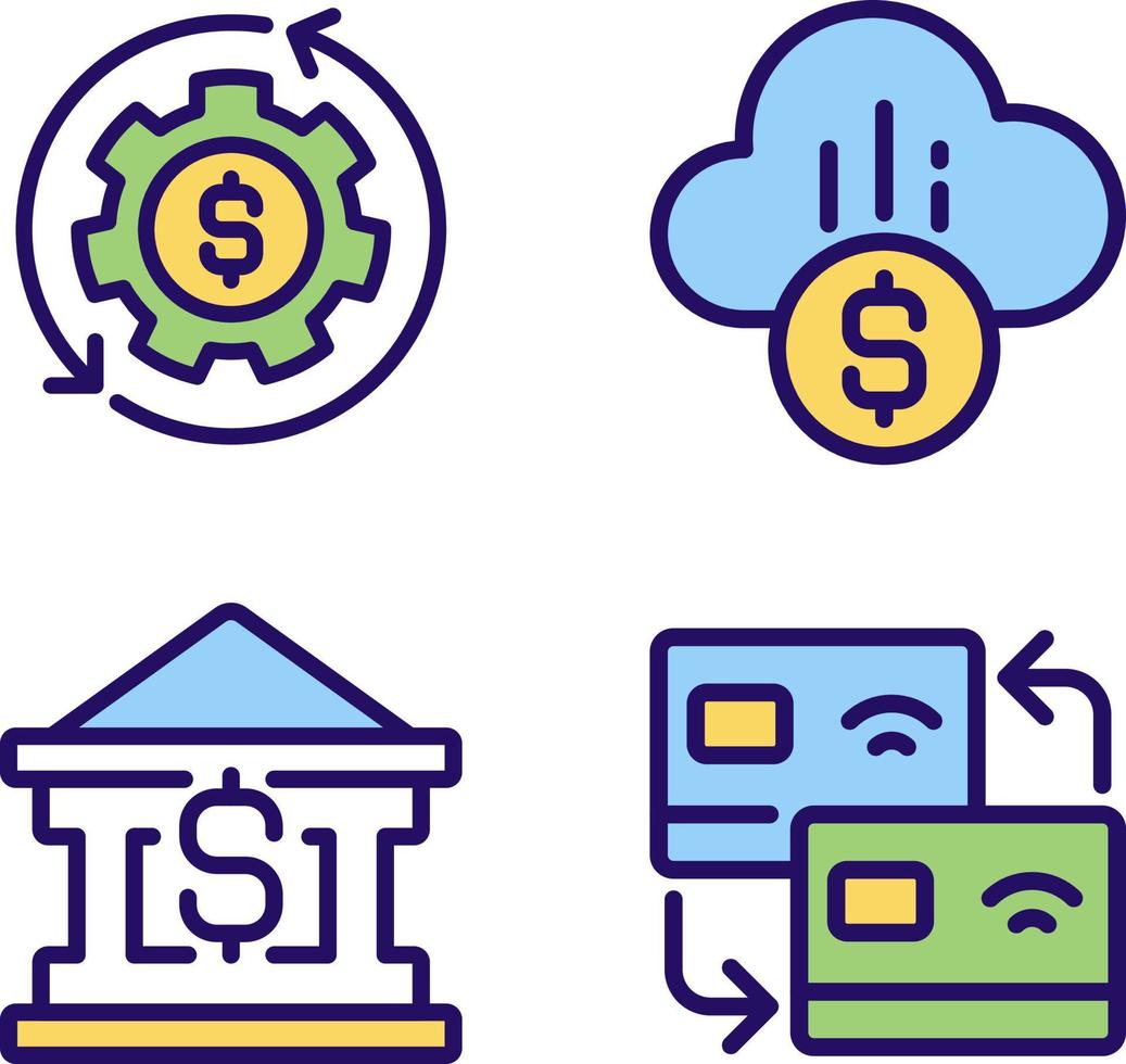 Financial services pixel perfect RGB color icons set. Money management. Card transfer. Cloud payment. Isolated vector illustrations. Simple filled line drawings collection. Editable stroke