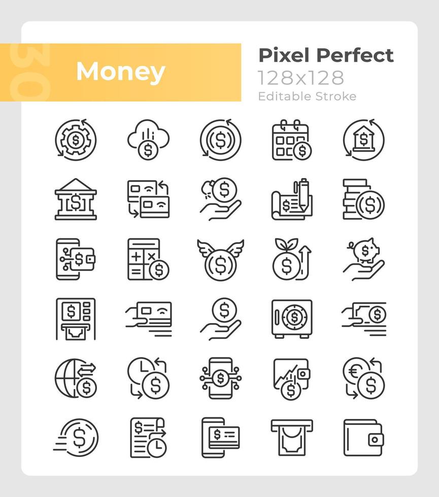 Money pixel perfect linear icons set. Personal, business finances. Customizable thin line symbols. Isolated vector outline illustrations. Editable stroke
