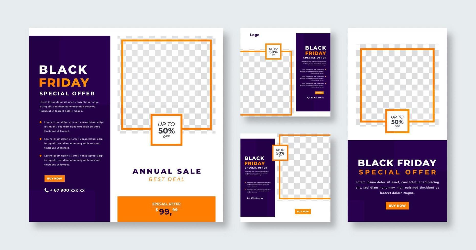 Black Friday Sale for Social Media Post, Mobile App, Banners, Stories and Web Internet Ads Flyer Template Set vector