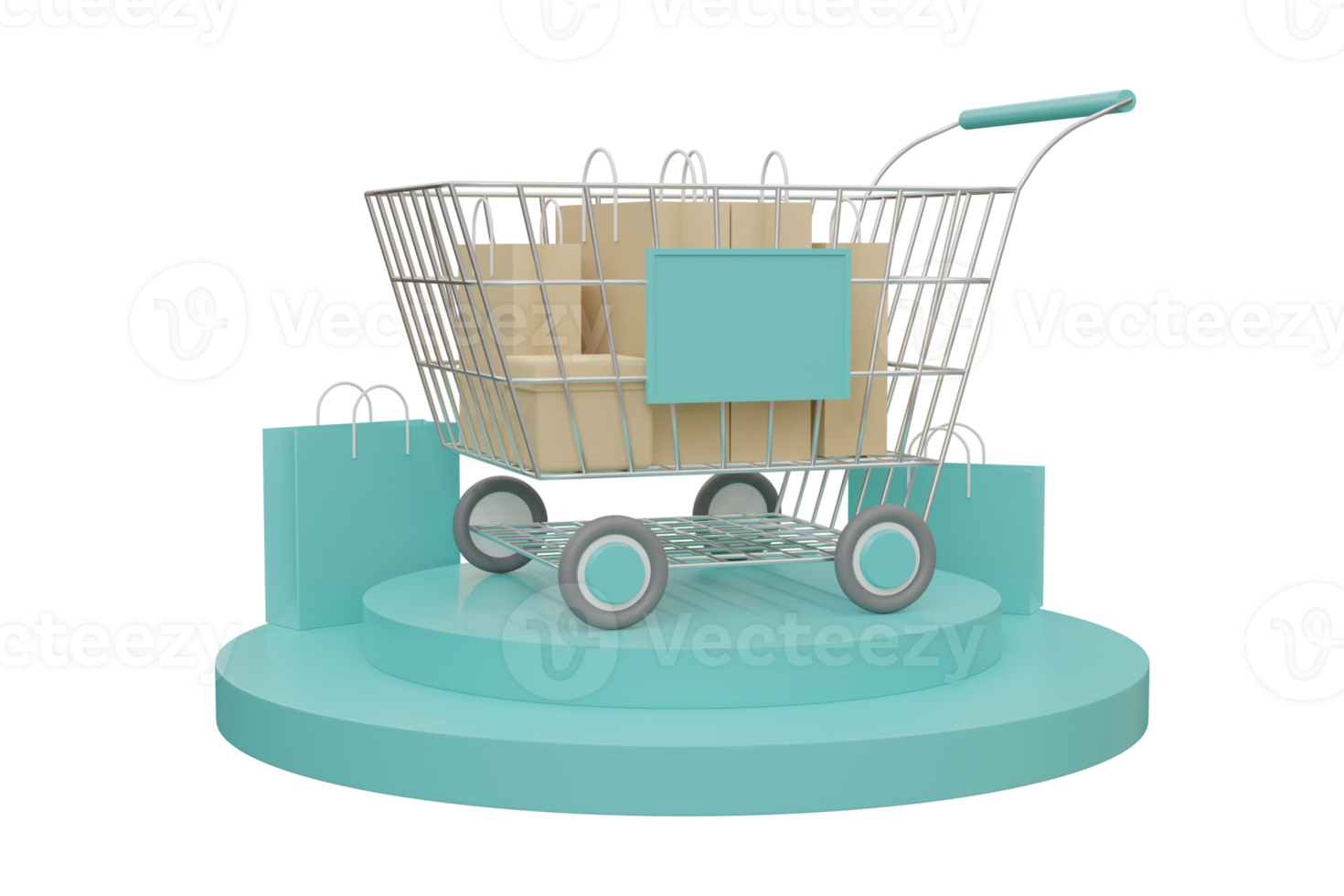 Realistic 3D rendering of a shopping cart on a pastel blue podium with bags and boxes inside. Online shopping banner design. 3D Render png