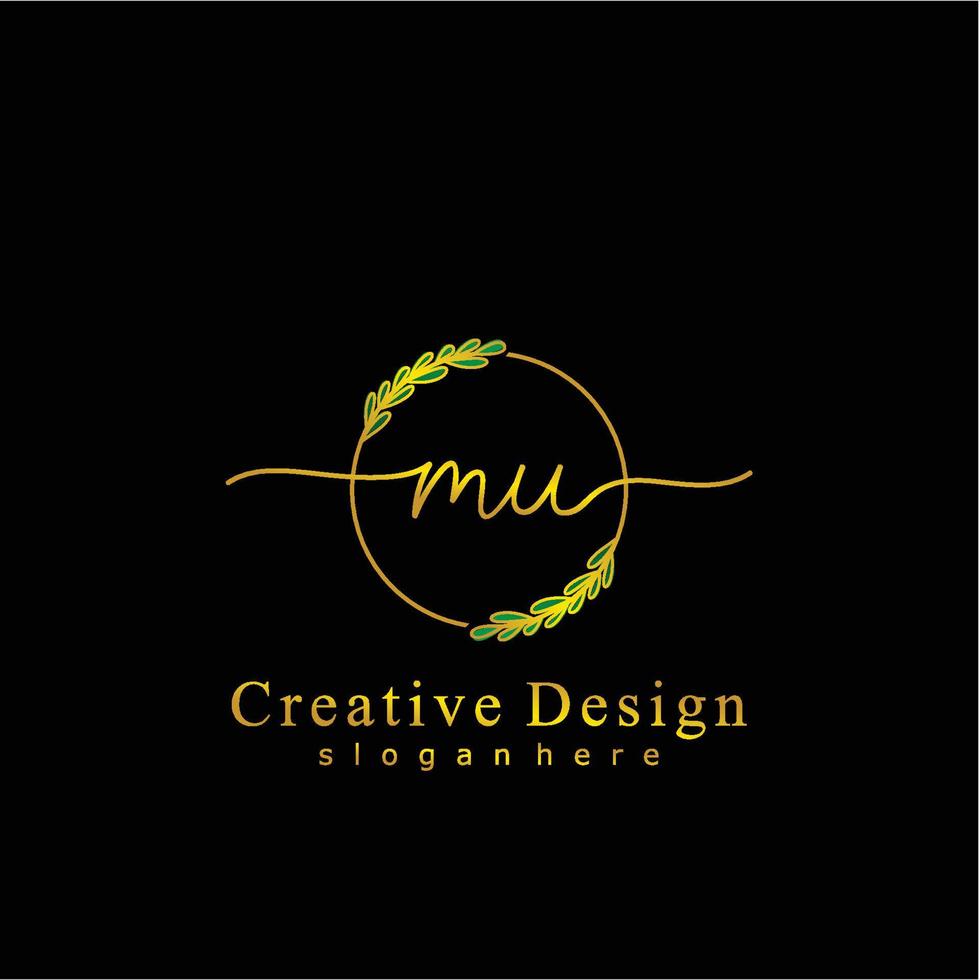 Initial MU beauty monogram and elegant logo design, handwriting logo of initial signature, wedding, fashion, floral and botanical logo concept design. vector