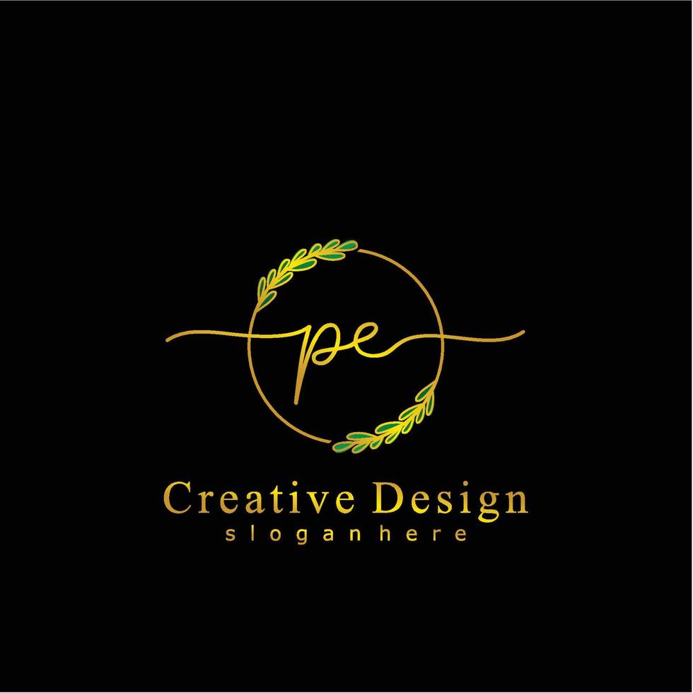 Initial PE beauty monogram and elegant logo design, handwriting logo of initial signature, wedding, fashion, floral and botanical logo concept design. vector