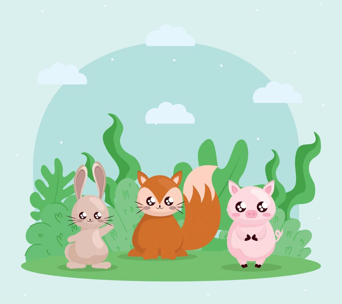 cute animals over grass vector