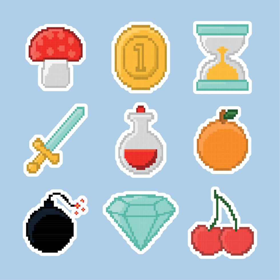 nine pixelated items vector