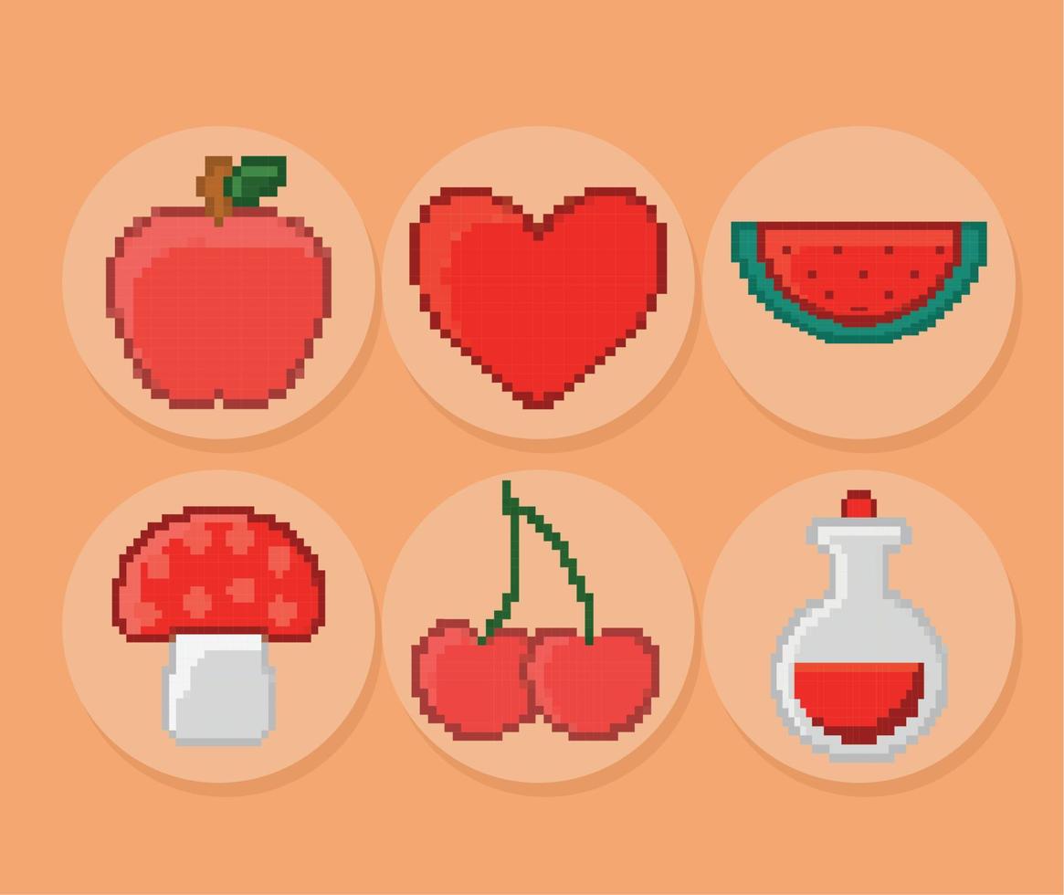 six pixelated items vector