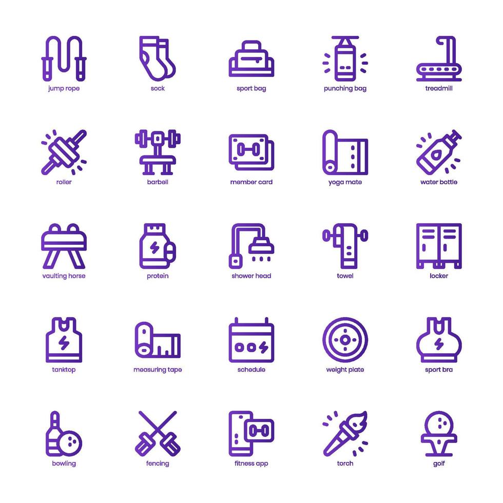 Fitness and Sport icon pack for your website design, logo, app, and user interface. Fitness and Sport icon basic line gradient design. Vector graphics illustration and editable stroke.