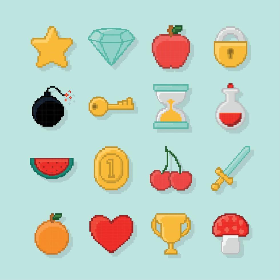 sixteen pixelated items vector