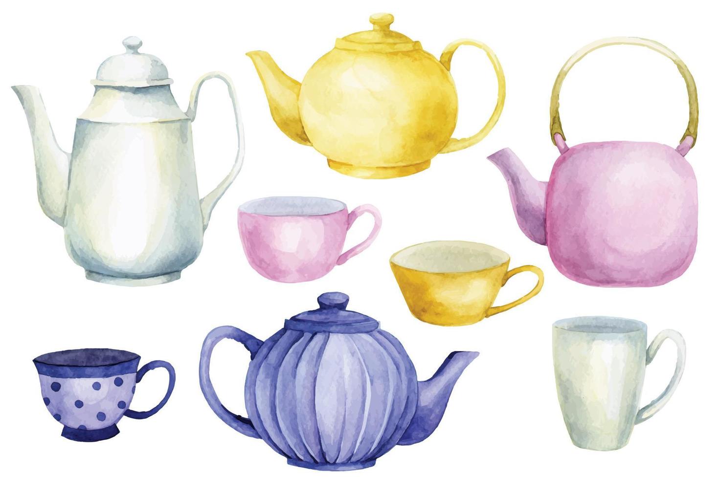 watercolor drawing, set of teapots and cups. cute vintage teapots and mugs for tea vector