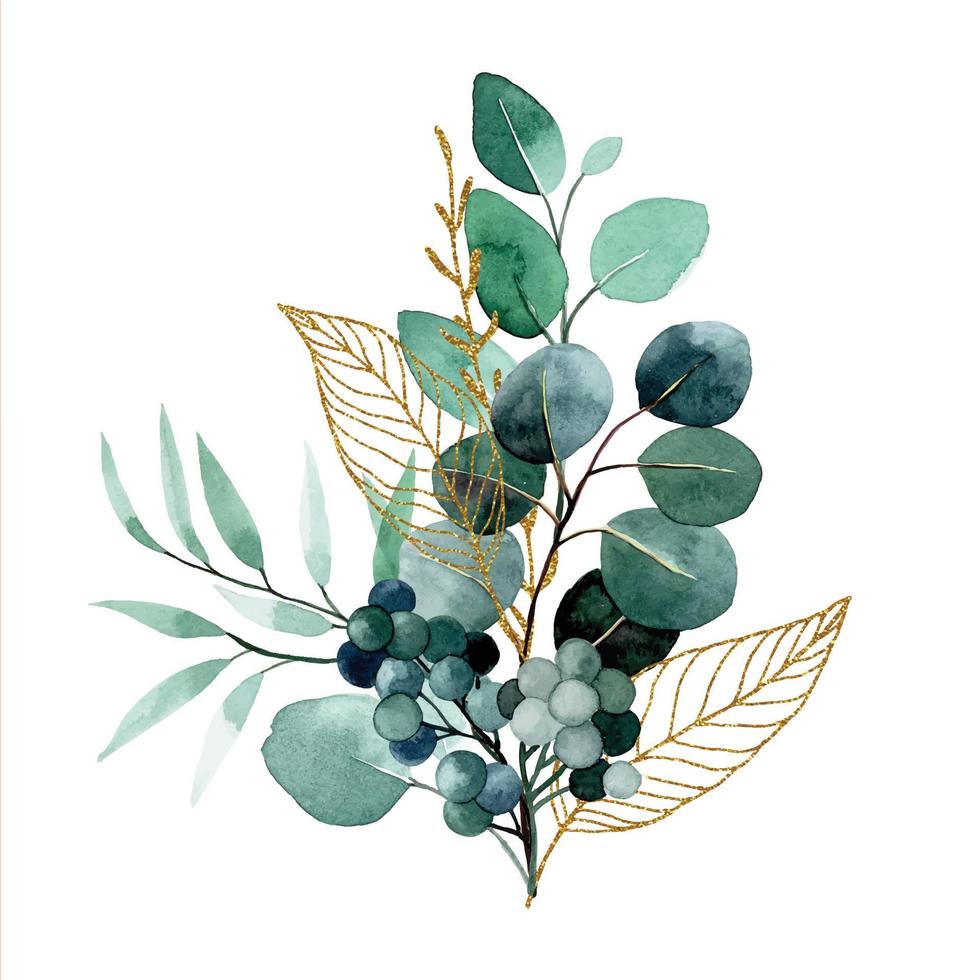 watercolor drawing. bouquet, composition of tropical eucalyptus leaves with golden elements. vector