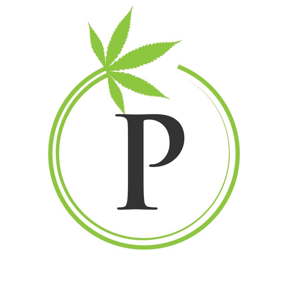 Cannabis Marijuana Logo on Letter P Concept For Health and Medical Therapy. Marijuana, Cannabis Sign Template vector
