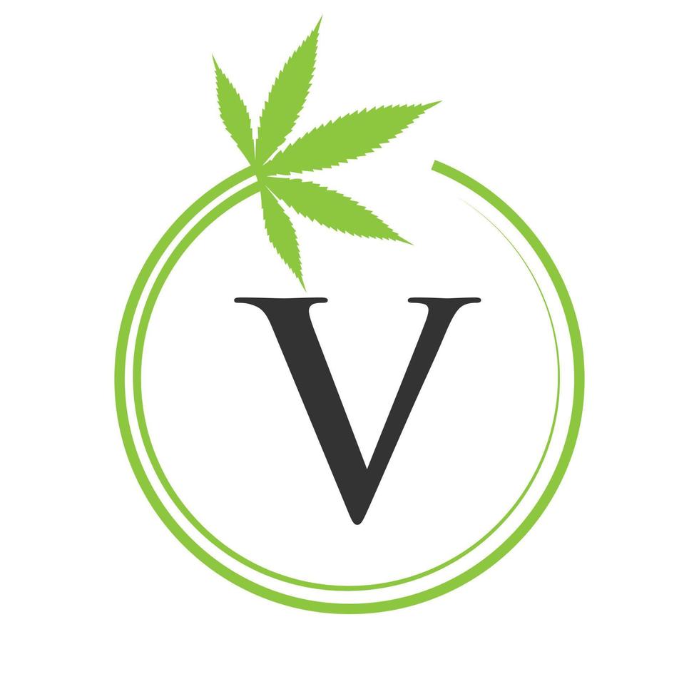 canabis marijuana logo en letra v concepto para salud y médico terapia. marijuana, canabis firmar modelo vector