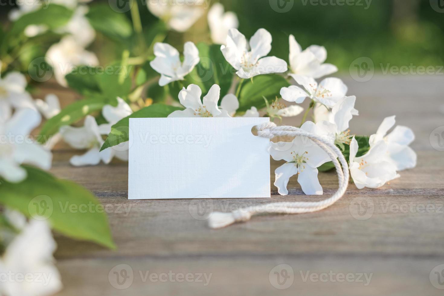 White apple flowers and blank white card for text. Mockup tag. Postcard photo