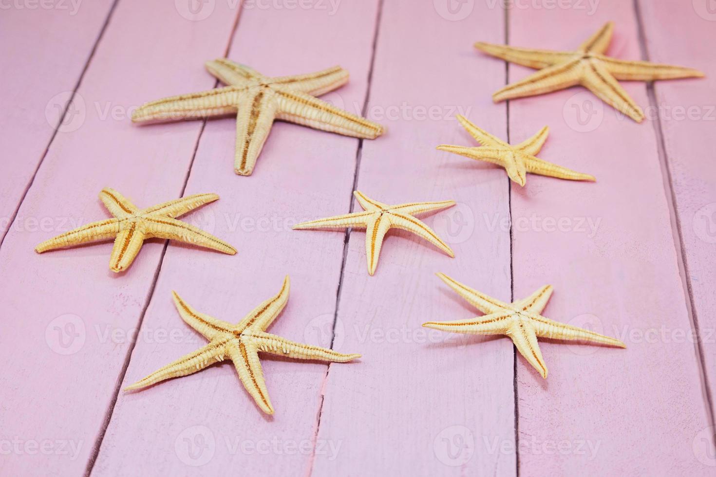 Starfishes on pink boards. Travel, vacation, sea background. Copy space photo