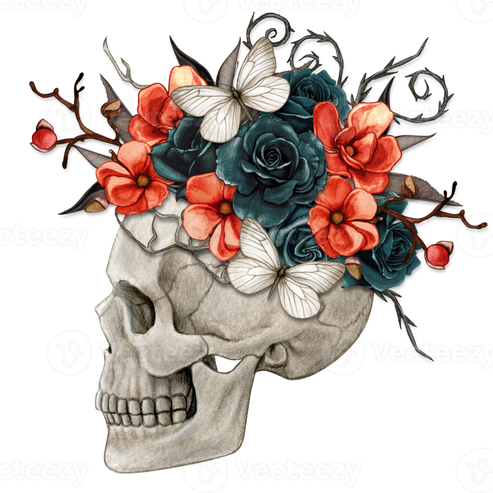 Watercolor halloween decorated skull with roses and dried leaves png