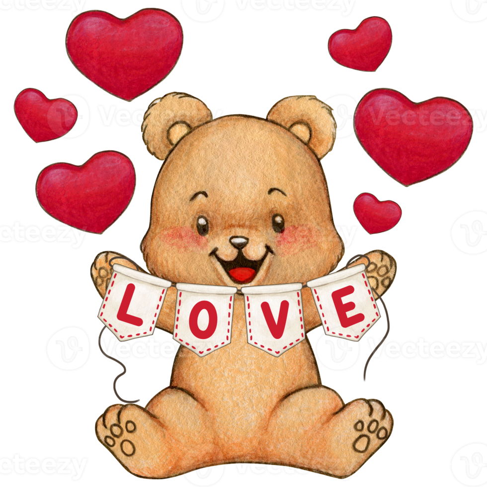 watercolor cute bear with love message png