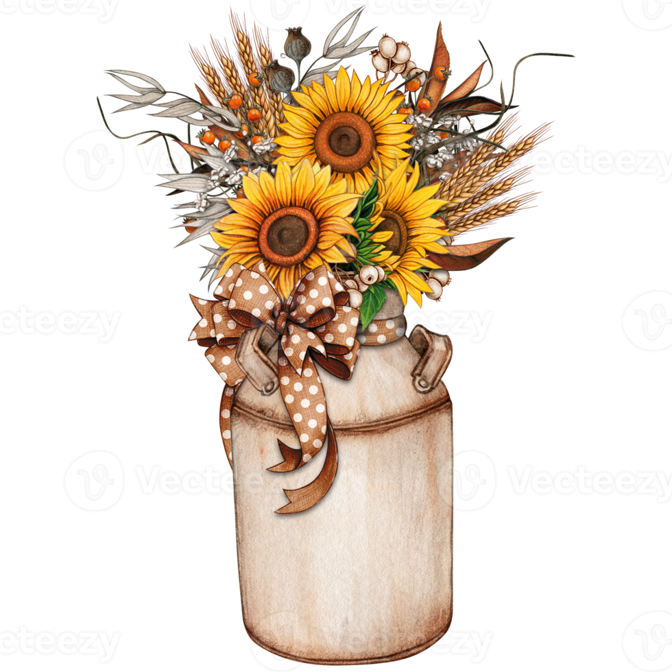 Watercolor vintage milk bucket with sunflowers png