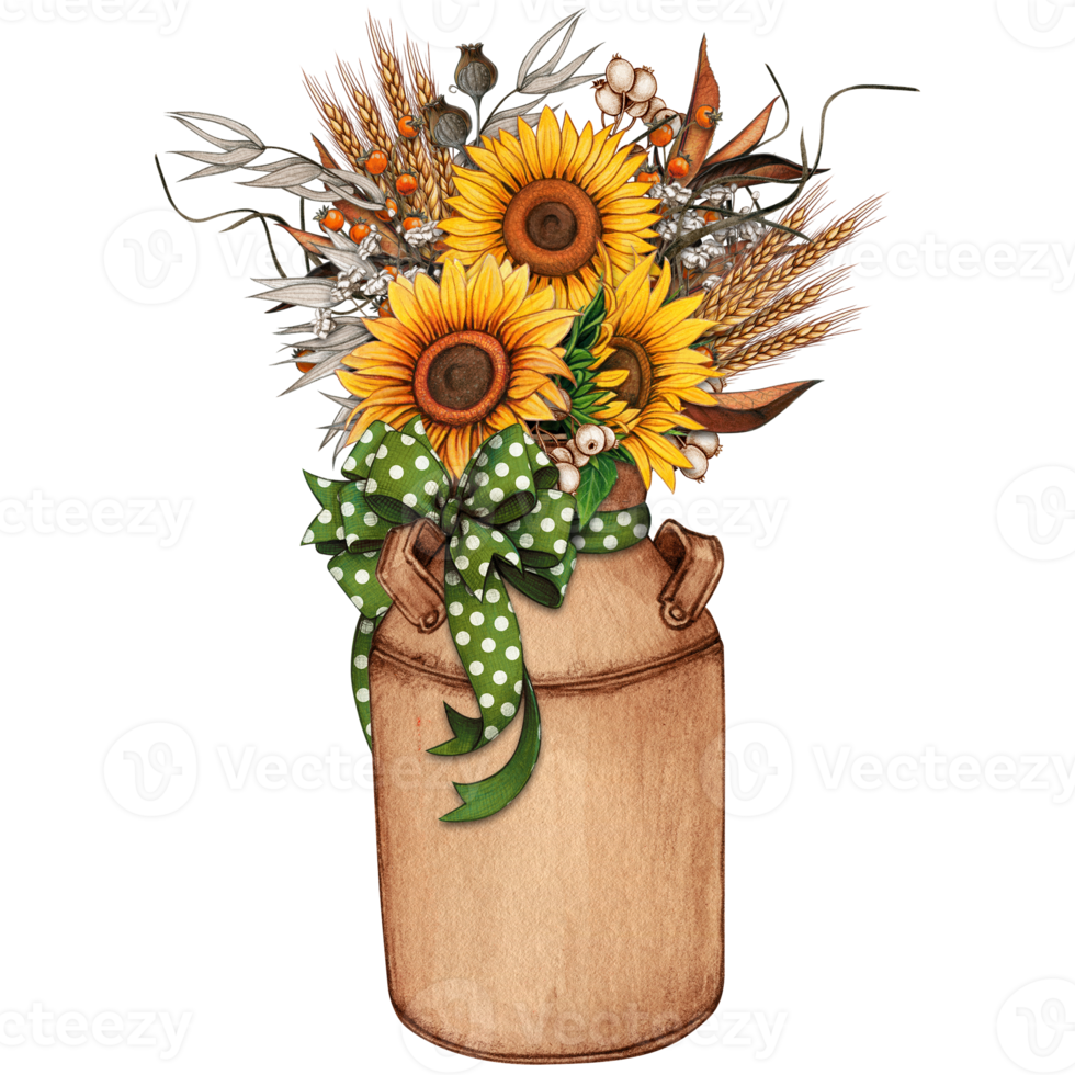 Watercolor vintage milk bucket with sunflowers png