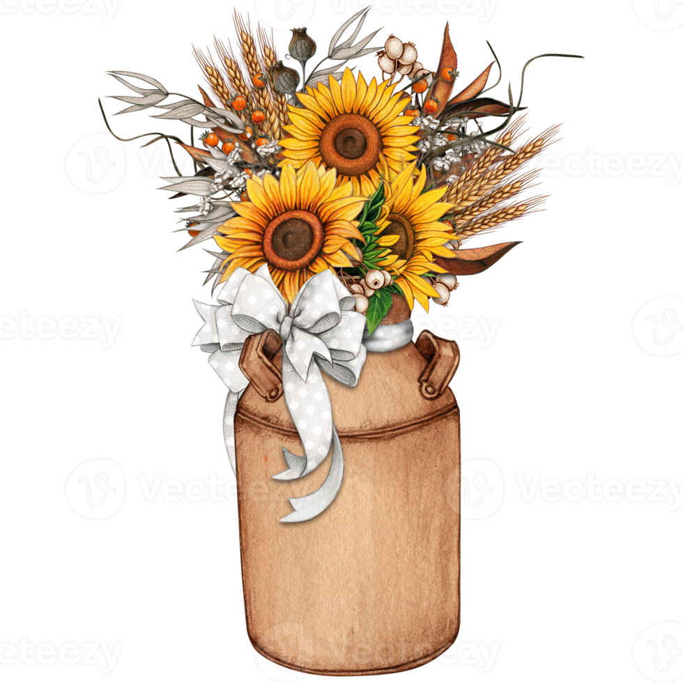 acuarela Clásico Leche Cubeta con girasoles png