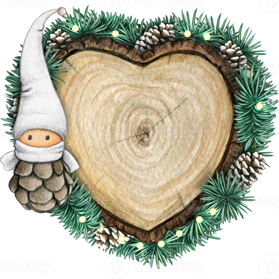 watercolor hand drawn wooden heart slice with elves, pinecones and pine branches png