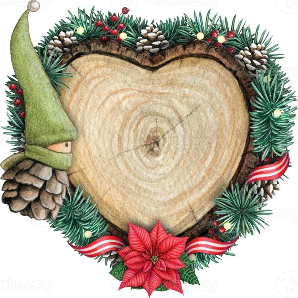 watercolor hand drawn wooden heart slice with elves, pinecones and pine branches png
