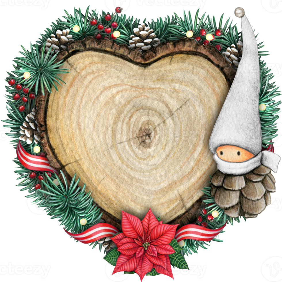 watercolor hand drawn wooden heart slice with elves, pinecones and pine branches png