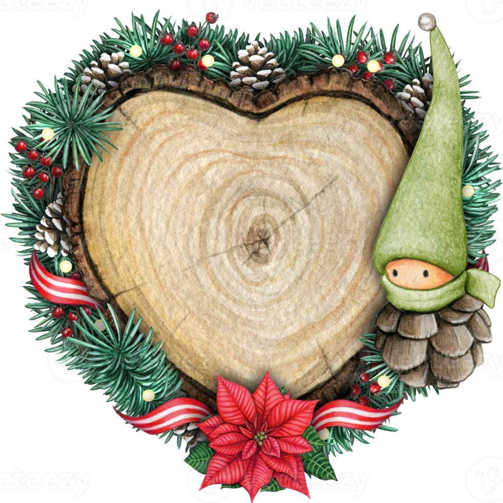 watercolor hand drawn wooden heart slice with elves, pinecones and pine branches png