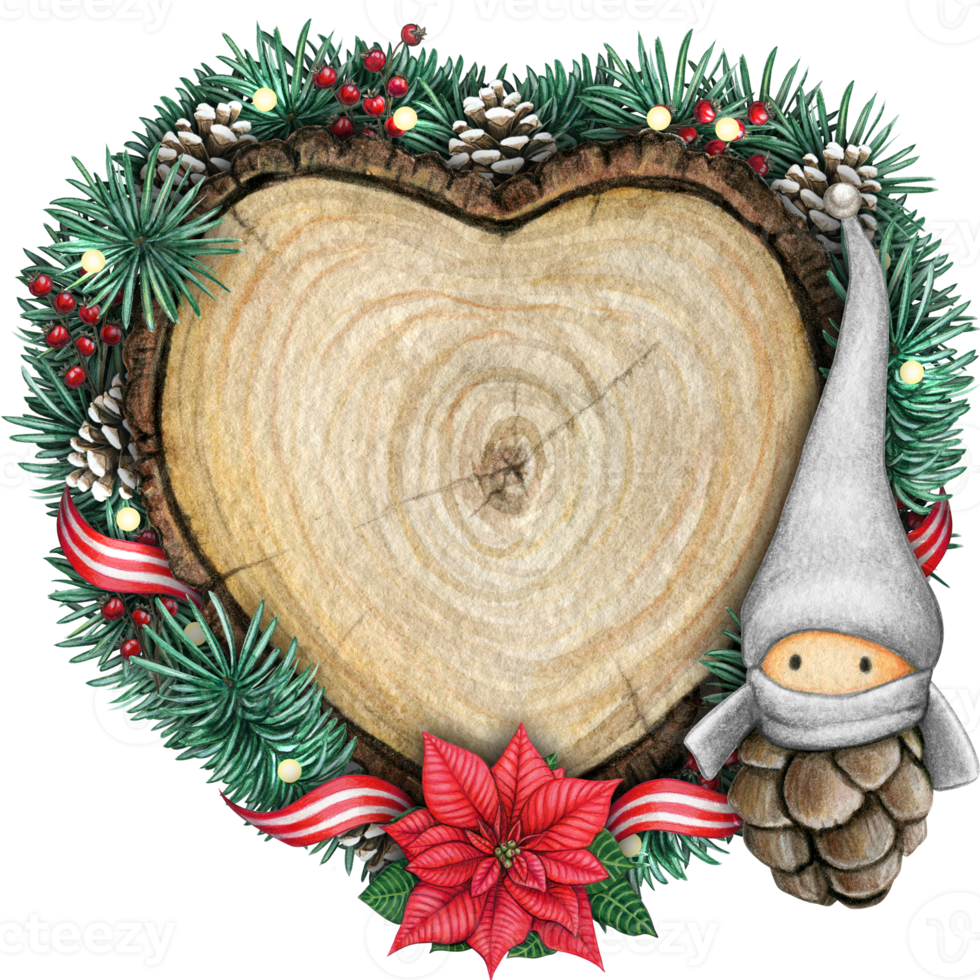 watercolor hand drawn wooden heart slice with elves, pinecones and pine branches png