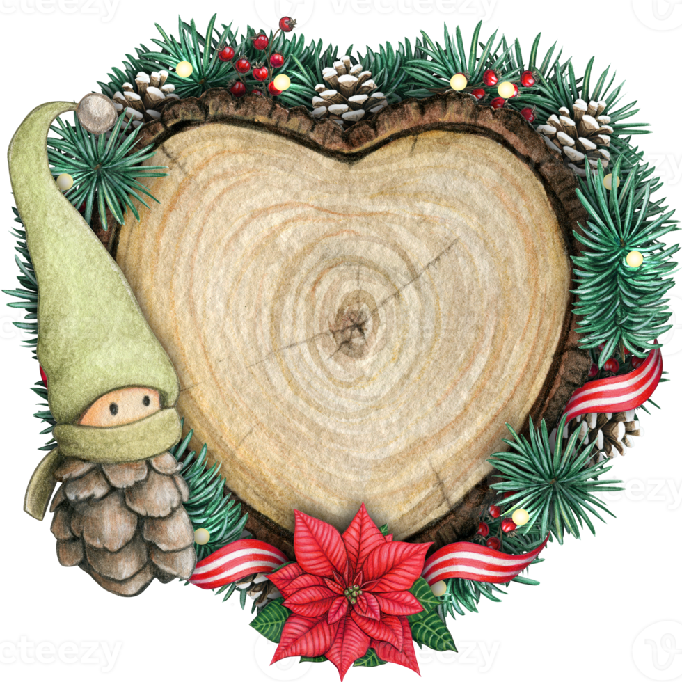 watercolor hand drawn wooden heart slice with elves, pinecones and pine branches png