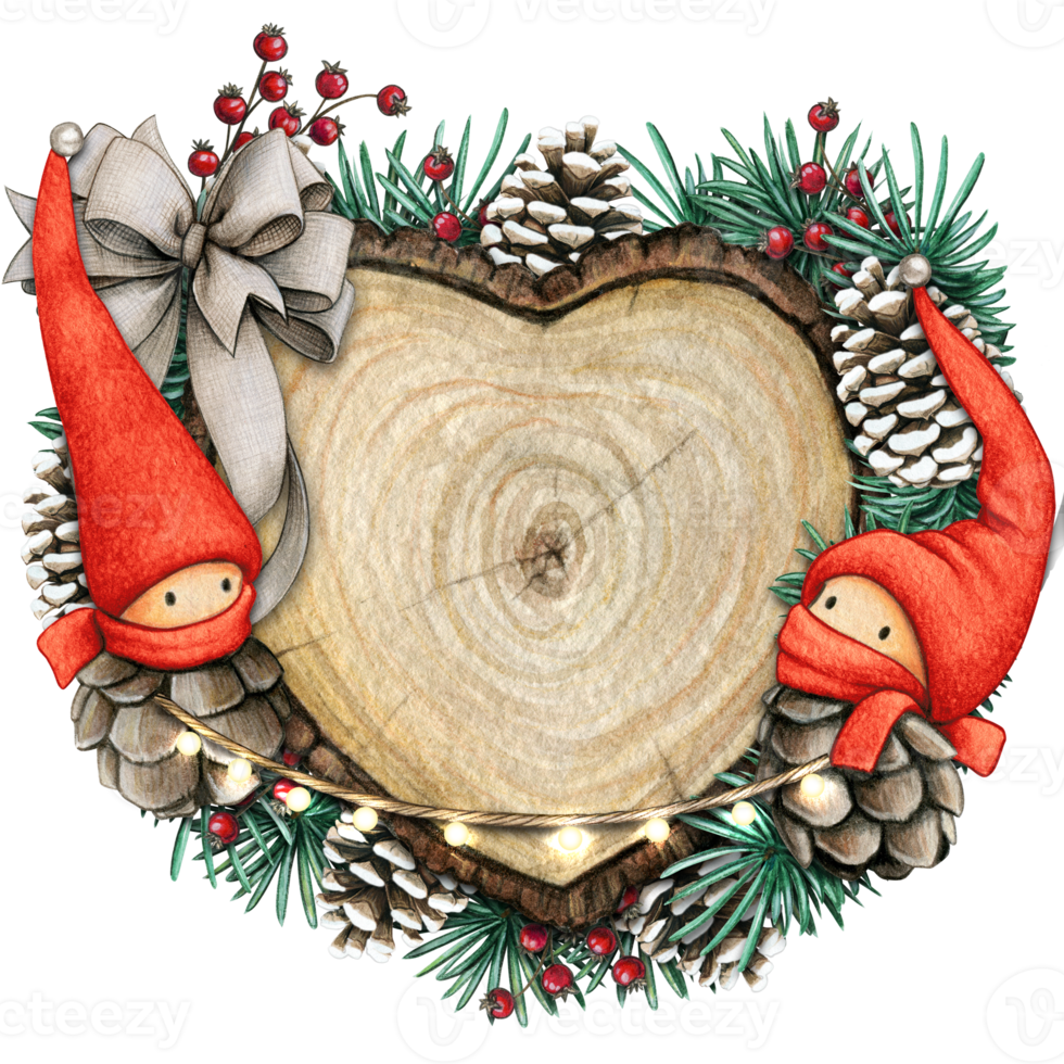 watercolor hand drawn wooden heart slice with elves, pinecones and pine branches png