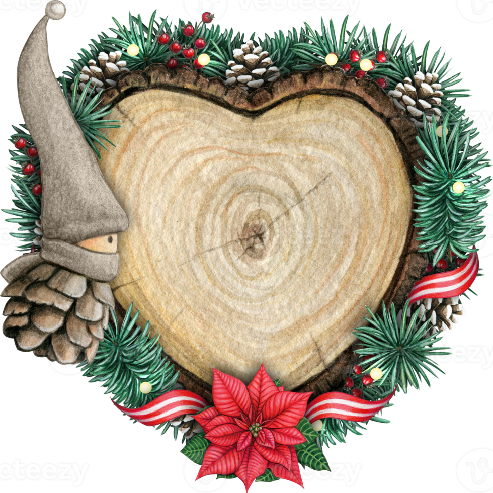 watercolor hand drawn wooden heart slice with elves, pinecones and pine branches png