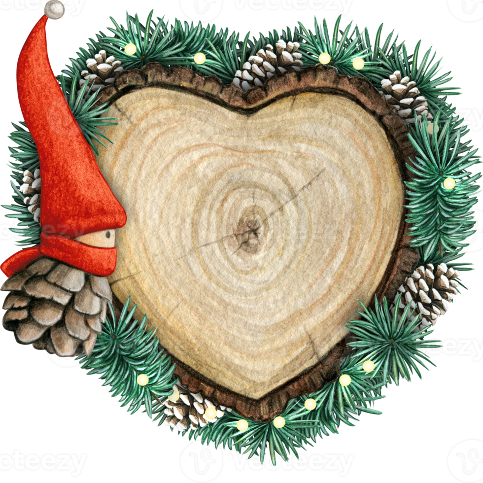 watercolor hand drawn wooden heart slice with elves, pinecones and pine branches png