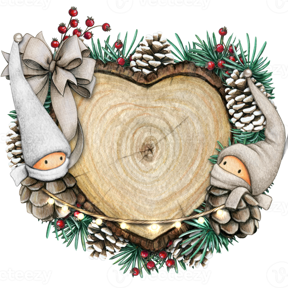 watercolor hand drawn wooden heart slice with elves, pinecones and pine branches png