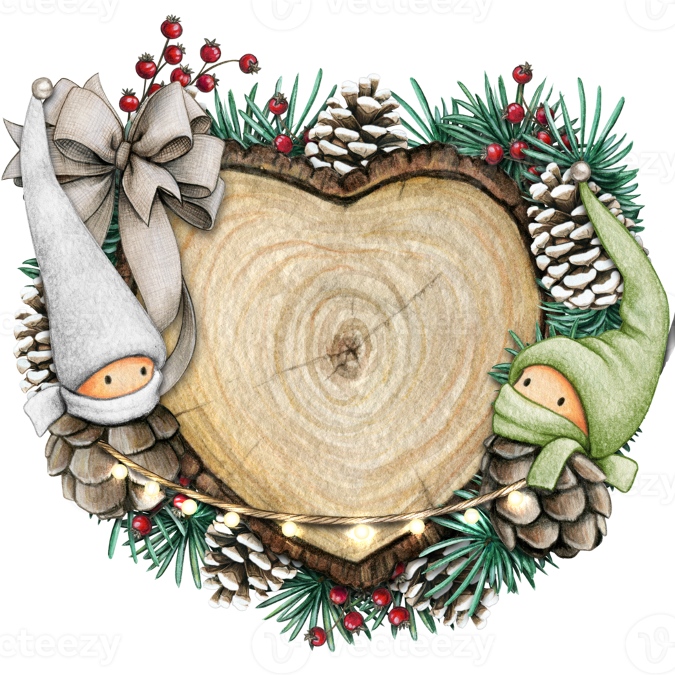 watercolor hand drawn wooden heart slice with elves, pinecones and pine branches png